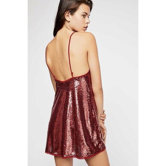 Free People Time To Shine Allover Sequin Slip Dress Size XS Red Mini Glam Grunge - Picture 2 of 13